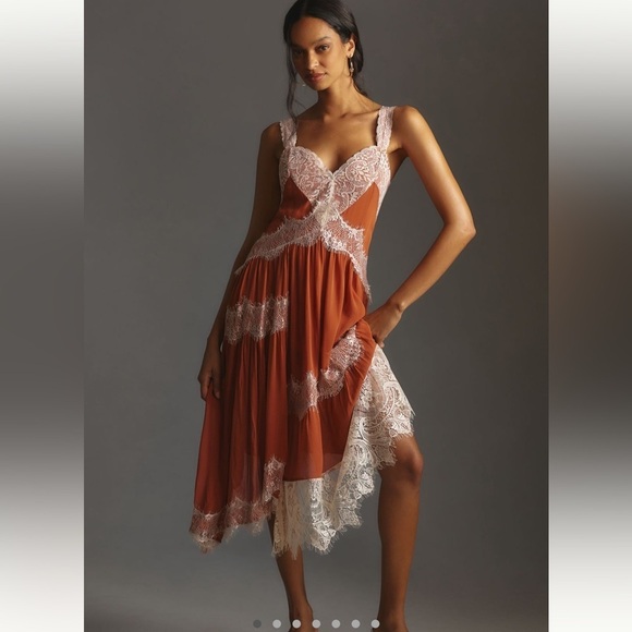 Anthropologie Dresses & Skirts - By Anthropologie Asymmetric Lace Midi Dress in Cedar Rust Orange Brown - Size 10